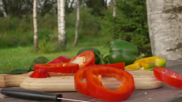 Plátky čerstvé papriky spadnou na dřevěnou desku — Stock video