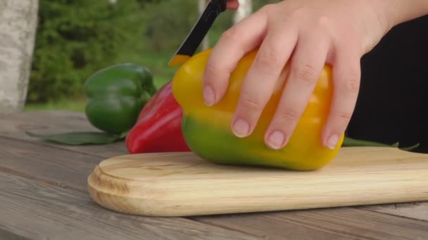 Femme coupe le poivre en gros morceaux sur une planche de bois — Video