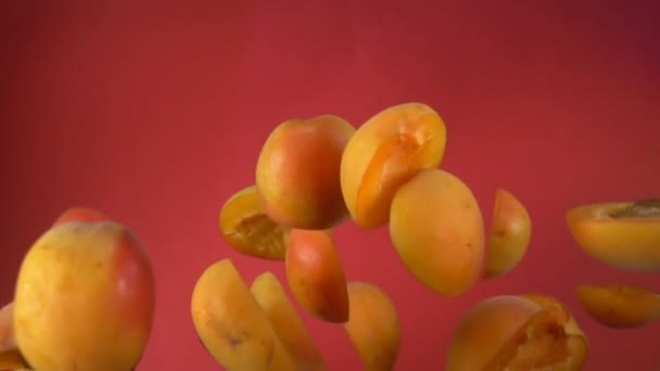 Соковиті абрикосові половинки підстрибують на червоному тлі — стокове відео
