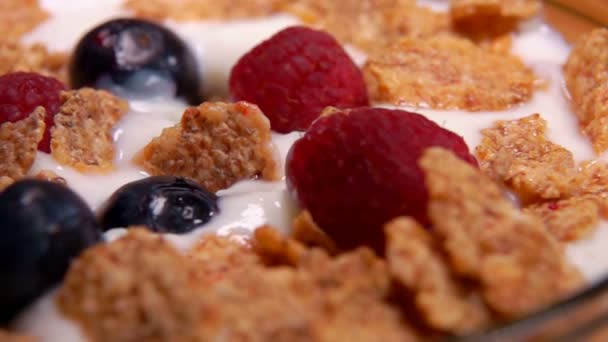 Raspberries and blueberries fall on cereal yogurt — Stock Video