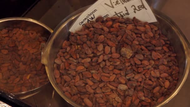 Frijoles de cacao en un tazón de acero en una tienda de chocolate — Vídeo de stock