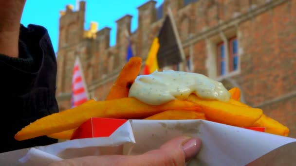 Handen tar pommes frites doppad i läcker sås — Stockvideo