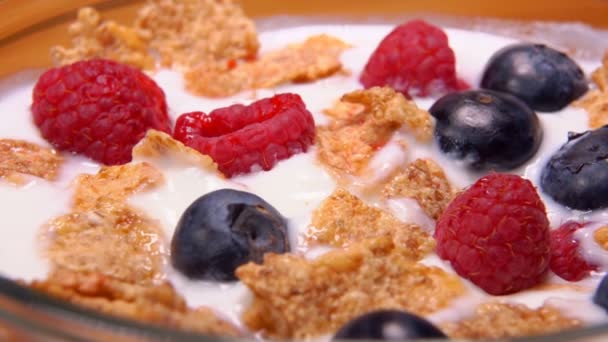 Spoon scoops yogurt with berries and cornflakes — Stock Video