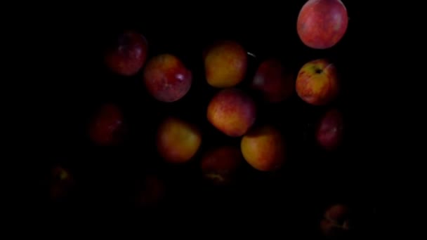 Saftiga goda persikor flyga upp på en svart bakgrund — Stockvideo