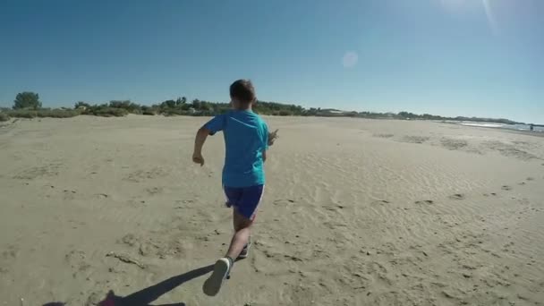 Junge rennt am Strand entlang und spielt mit Flugzeug — Stockvideo
