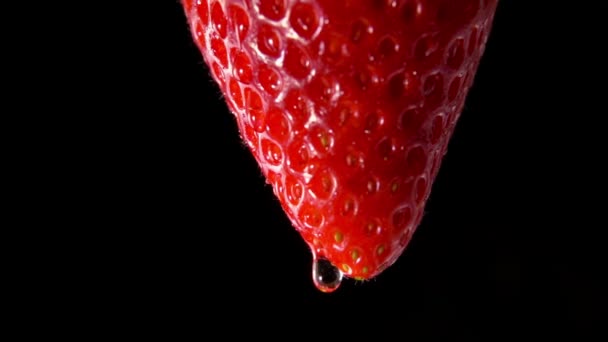 Primer plano de una fresa jugosa roja con una gota — Vídeo de stock