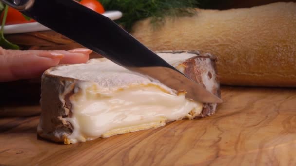 Zachte romige Franse Epoisses kaas gesneden met mes — Stockvideo