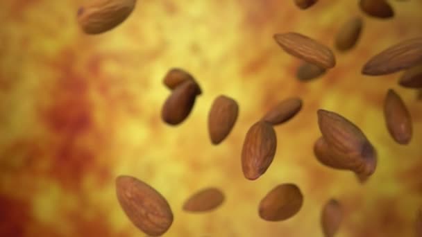 Almonds are flying on the yellow ochre background in slow motion — Stock Video