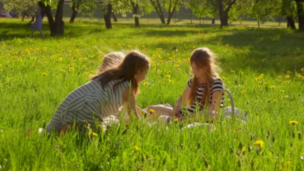 Three girls in striped dresses are making wreath in the apple garden — Stock Video