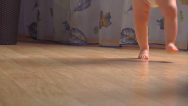 Низкоугольный вид маленького очаровательного пухлого малыша, делающего первые шаги — стоковое видео