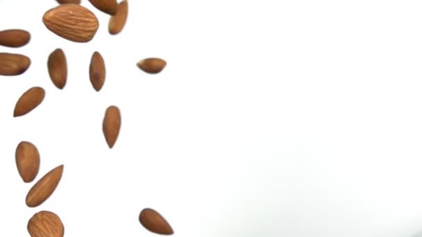 Närbild av mandlar faller ner och snurrar på vit bakgrund — Stockvideo