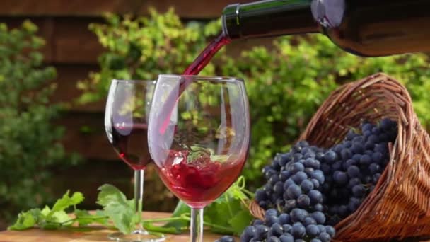 Červené víno se nalévá do skla na pozadí hroznů v kónickém koši
