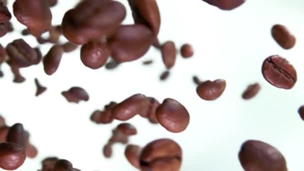 Κοντινό πλάνο των καβουρντισμένων κόκκων καφέ που πετούν και περιστρέφονται στο λευκό φόντο — Αρχείο Βίντεο