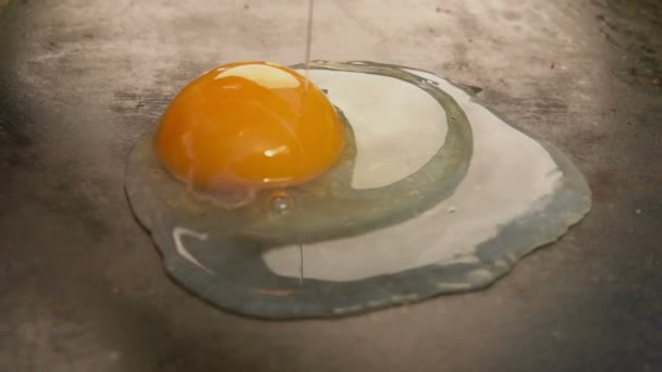 Super primer plano del huevo crudo freír en la superficie plana de la parrilla — Vídeo de stock
