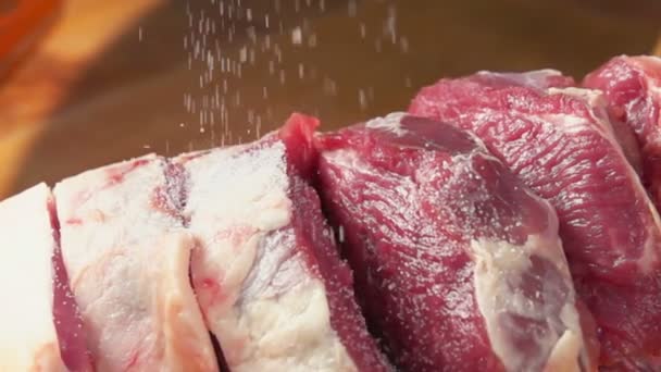 生の肉足のクローズアップは、ワイヤの海塩を振りかけた — ストック動画