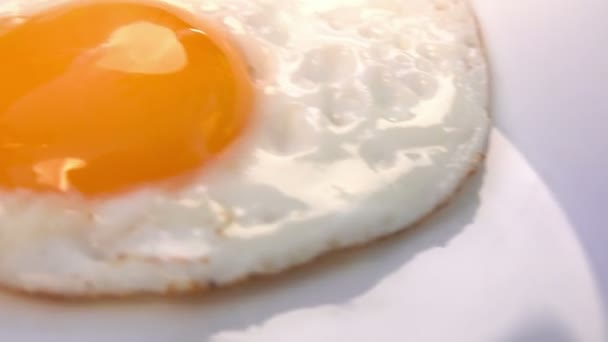 Close-up van het gebakken ei op de witte plaat — Stockvideo