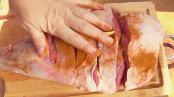 Gros plan de la cuisse de viande crue saupoudrée d'épices et d'ail — Video