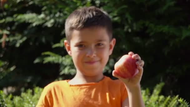 Счастливый мальчик показывает вкусное спелое яблоко на открытом воздухе — стоковое видео