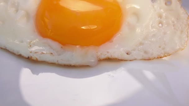 Super gros plan de l'œuf frit placé sur la plaque blanche — Video