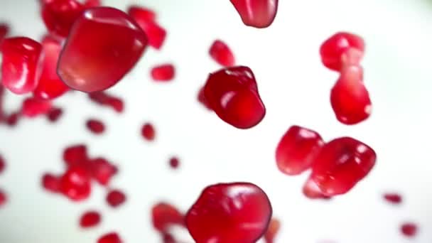 Juicy grains of ripe pomegranate are falling on the white background — Stock Video