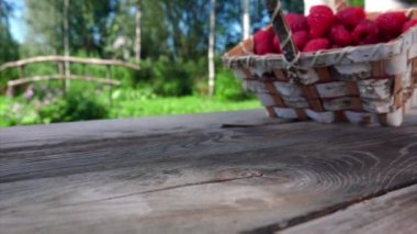 Büyük sulu ahududular huş sepetinden ahşap masaya düşüyorlar.