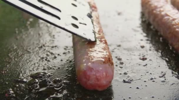 Close-up de deliciosas salsichas fritando na grelha de pedra — Vídeo de Stock