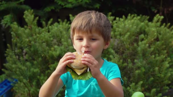 小さな男の子はおいしい口の中で食べる偉大な食欲を持つチーズバーガー — ストック動画