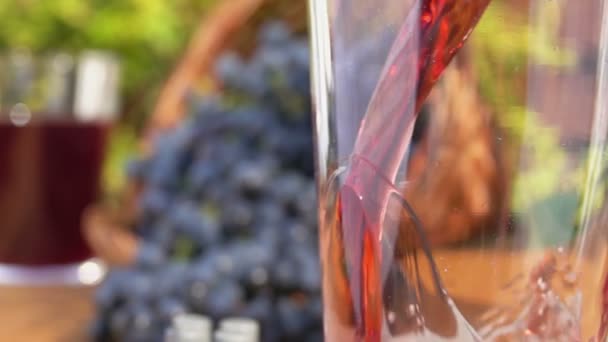 Пар вкусного свежего виноградного сока наливают в стеклянный ягуар — стоковое видео