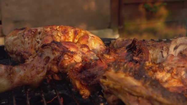 Pedaços de carne preparada estão fritando na grelha — Vídeo de Stock