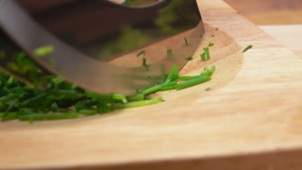 El cuchillo redondo especial está cortando hierbas y hojas culinarias — Vídeos de Stock