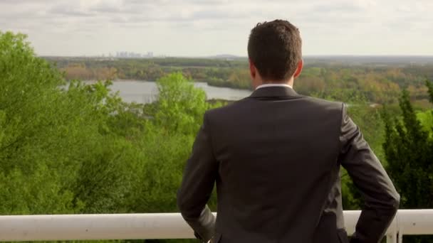 Красивый бизнесмен смотрит на зеленый парк с озером — стоковое видео
