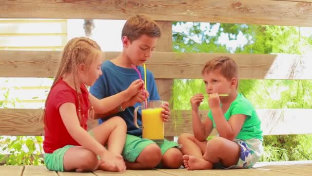 De vrolijke kinderen drinken vers sinaasappelsap met een rietje — Stockvideo