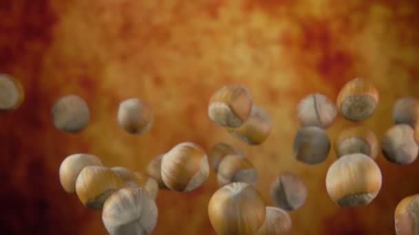 Unpeeled hazelnuts are bouncing on a yellow ochre background — Stock Video