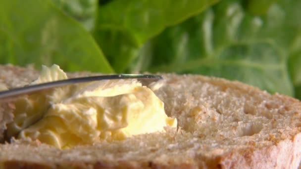 Baguette de cereales francés se extiende con mantequilla — Vídeo de stock