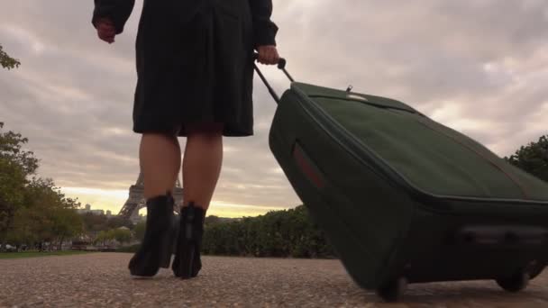 Femme d'affaires en manteau noir avec la valise marche vers la Tour Eiffel — Video