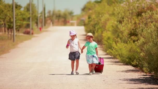 Adorabile ragazzo e ragazza in cappelli stanno camminando lungo la strada con una valigia — Video Stock