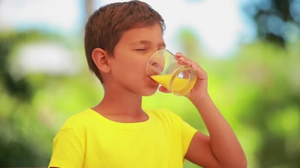 黄色のTシャツの幸せな男の子は新鮮なオレンジジュースを飲んでいます — ストック動画