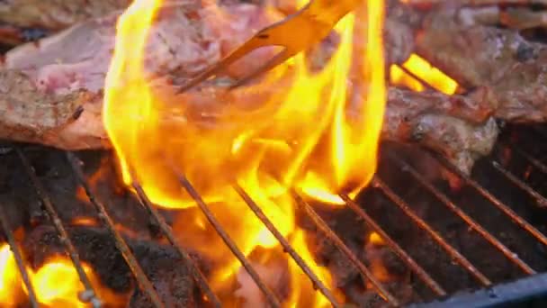 Pedaços de carne preparada estão fritando em chamas — Vídeo de Stock