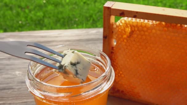 Un trozo de delicioso queso en el tenedor se sumerge en miel fresca en un frasco de vidrio — Vídeo de stock
