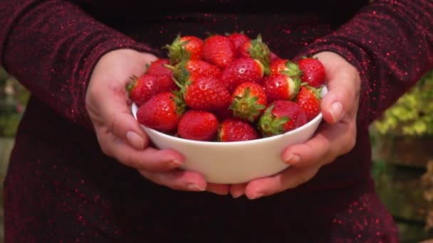 雌性手拿着一个红色草莓的木碗 — 图库视频影像