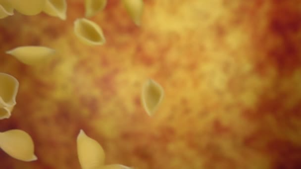 Kuru makarna Conchiglie rigate sarı bir arkaplanda çapraz uçuyor. — Stok video
