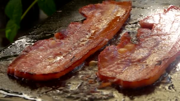 Close-up van heerlijke reepjes spek roosterend op de platte grill — Stockvideo