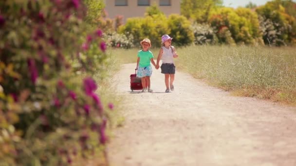 De söta barnen går hand i hand längs vägen med en rosa resväska — Stockvideo