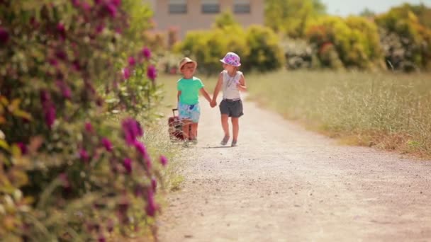 De schattige kinderen met hoeden lopen langzaam samen langs de weg — Stockvideo