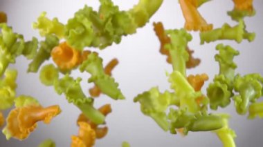 Renkli makarna Campanelle yukarı uçuyor ve beyaz arka plan üzerine düşüyor.