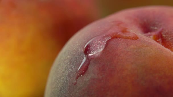 Super close-up dari setetes air mengalir di sisi buah persik merah — Stok Video