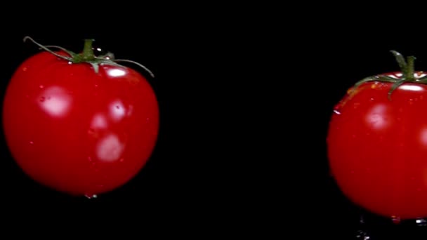 Два стиглих червоних помідори летять один до одного на чорному тлі — стокове відео