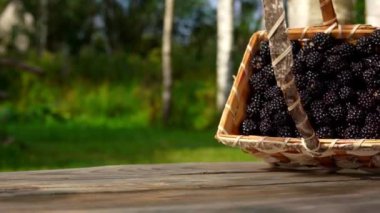 Olgunlaşmış böğürtlenlerle dolu huş sepeti ahşap bir masaya düşüyor.