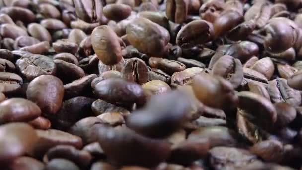Κοντινό πλάνο των καβουρντισμένων κόκκων καφέ arabica που πέφτουν και περιστρέφονται — Αρχείο Βίντεο