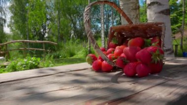 Sepet düşüyor ve büyük lezzetli çilekler ahşap masada zıplıyor.